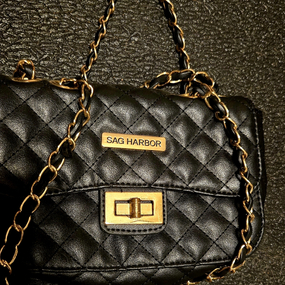 Sag Harbor Black Quilted Bag with Gold Chain